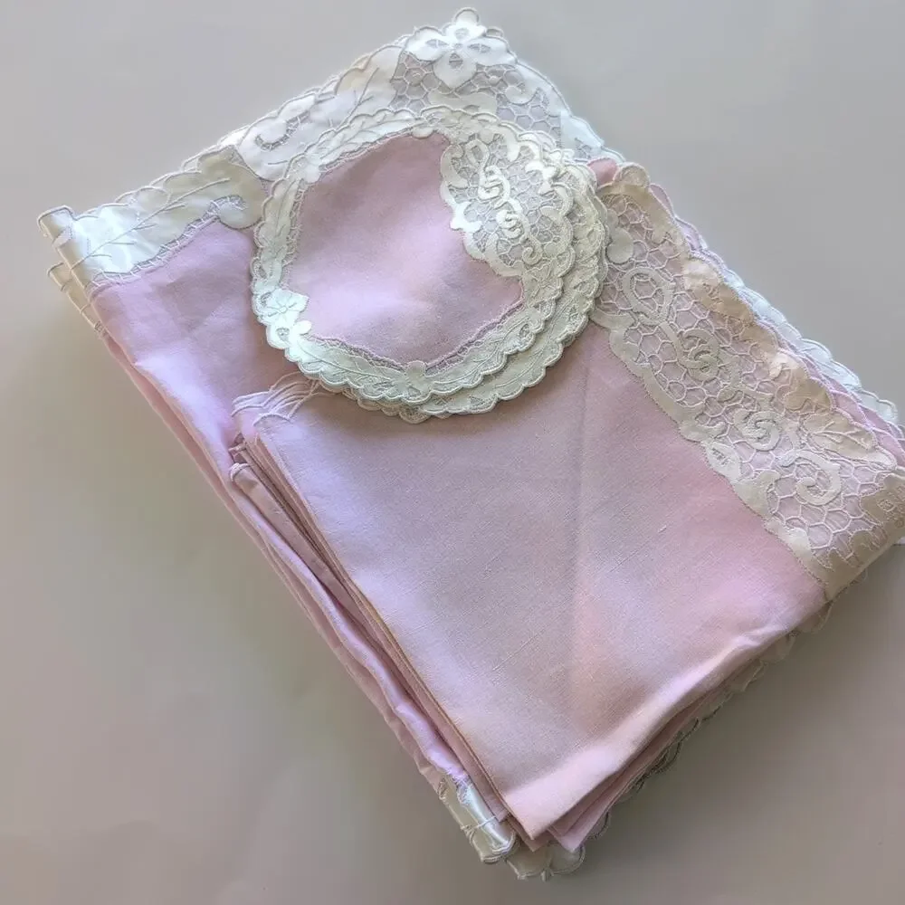 Vintage Pink & Ecru Hostess Set: Placemats, Napkins, Coasters, 6 sets, 18 pieces